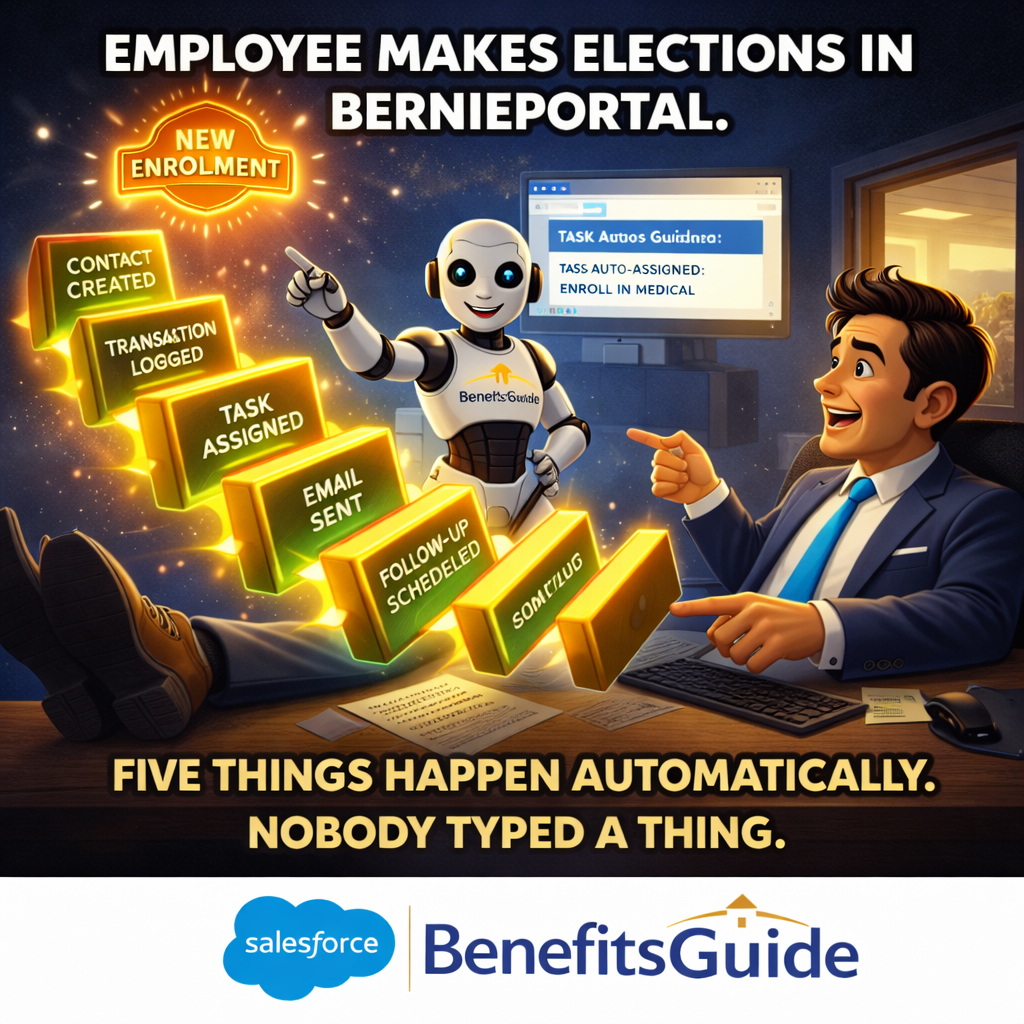 BenefitsGuide showing automated workflow tasks created from BerniePortal enrollment elections