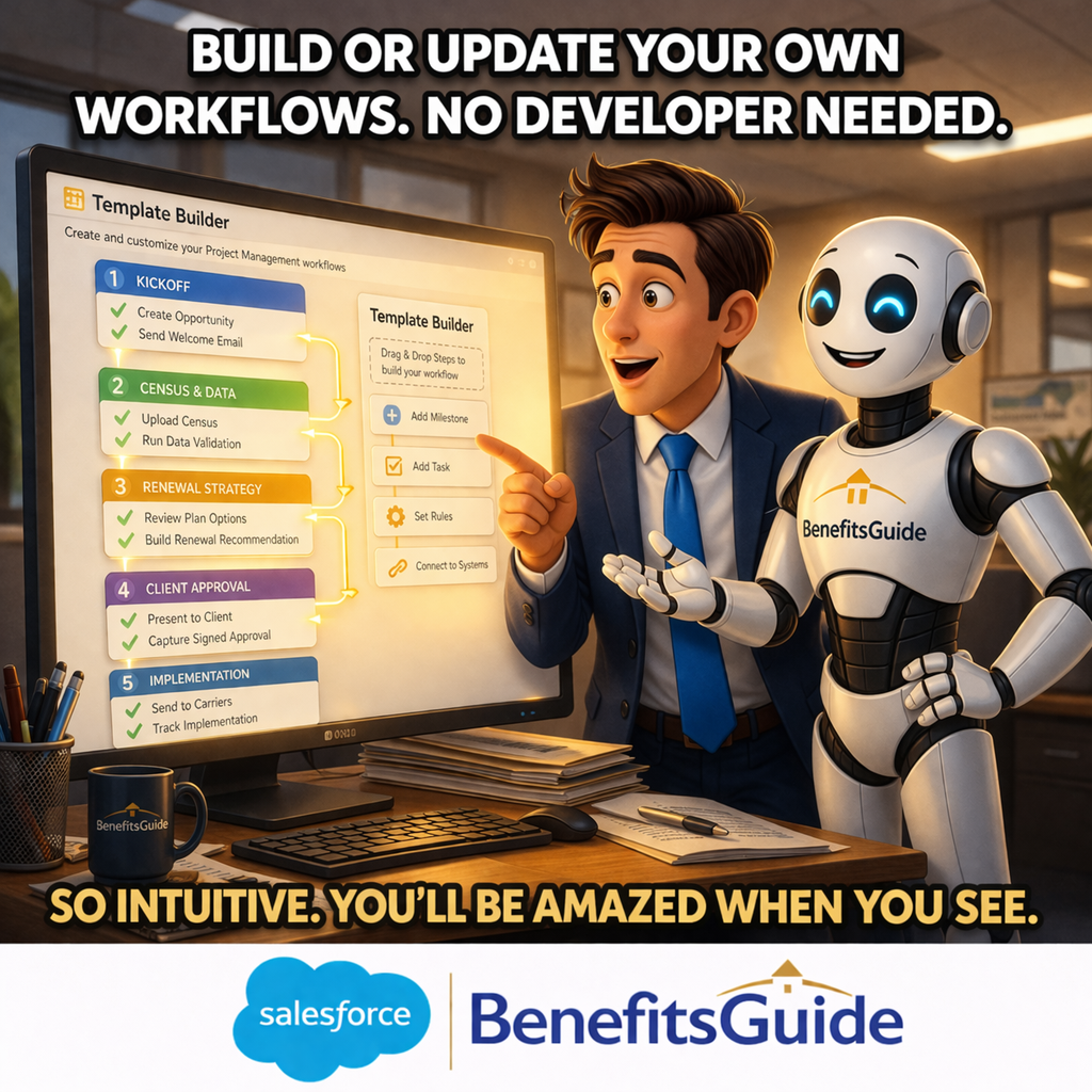 BenefitsGuide PM App Builder showing custom workflow template editing