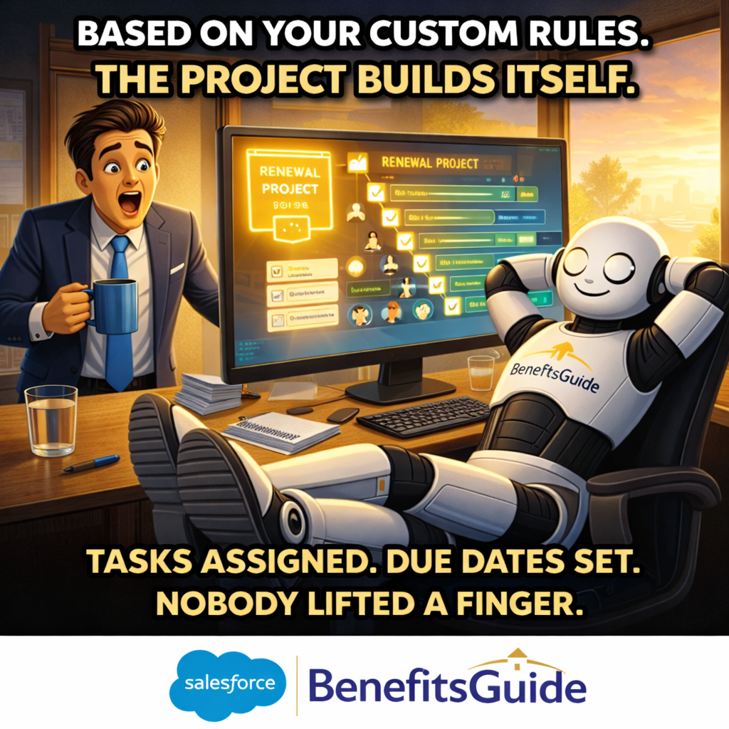 BenefitsGuide project management showing insurance-specific projects, milestones, and checklist items