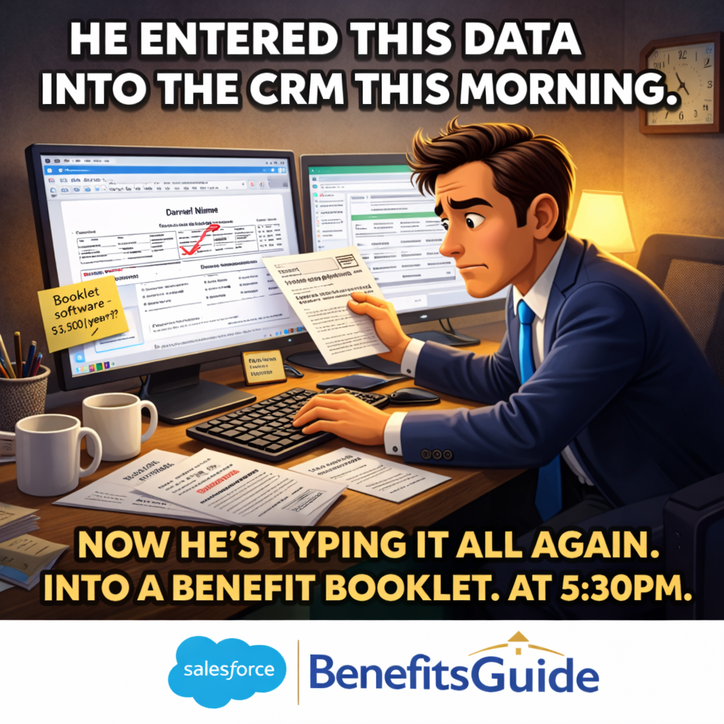 Stressed broker manually creating benefit booklets with multiple browser tabs and printed documents