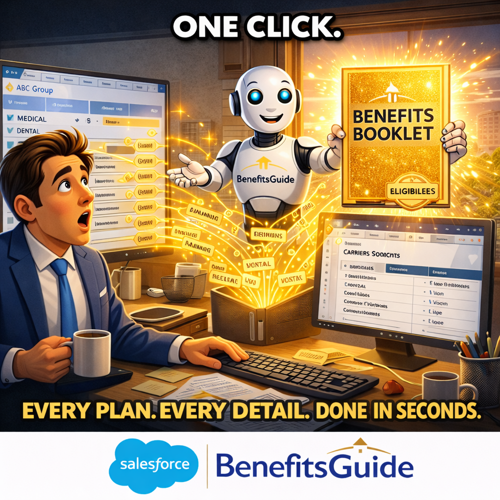 BenefitsGuide one-click benefit booklet generation showing data pulling from CRM records