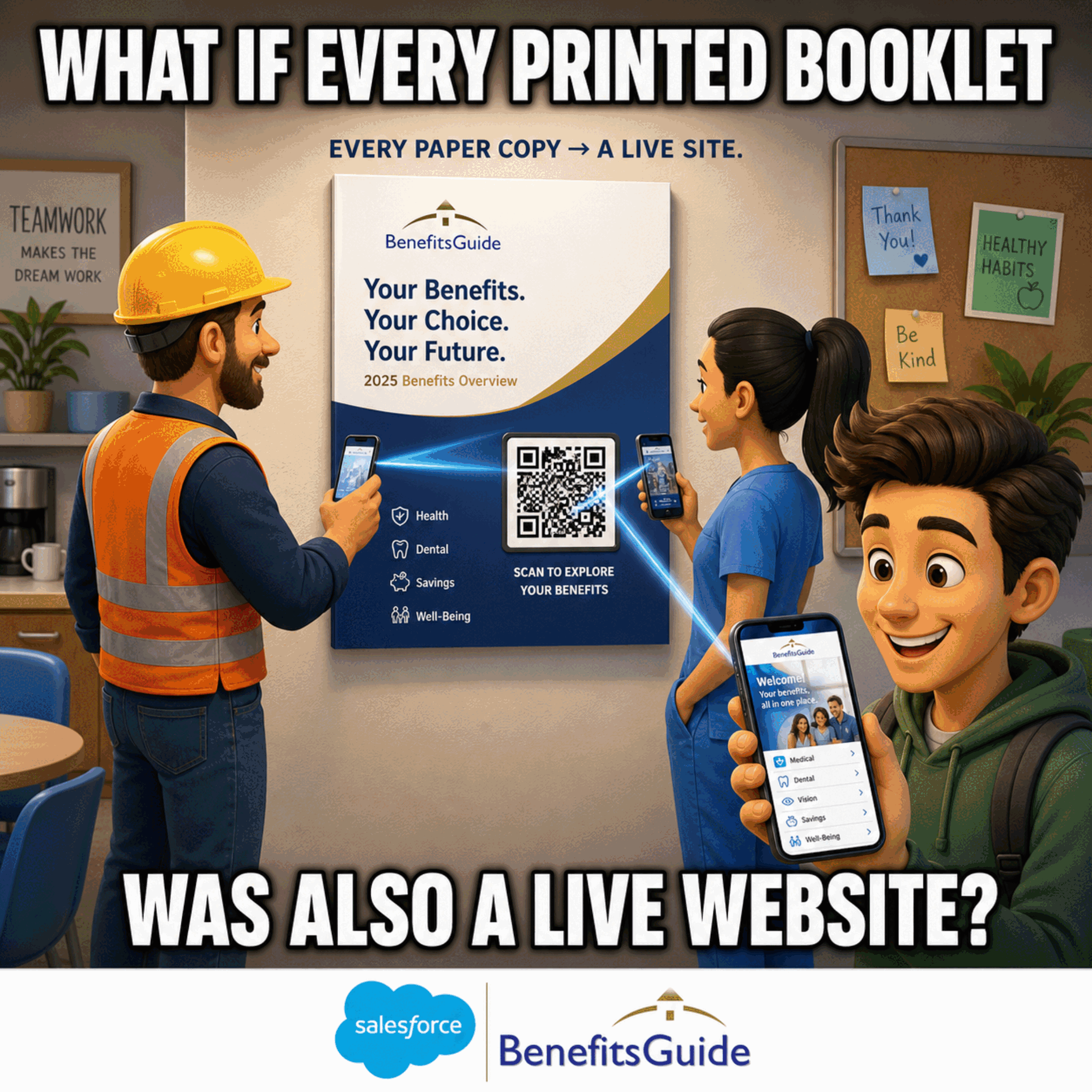 BenefitsGuide microsite displayed on a phone, a polished, mobile-first benefits website published with one click