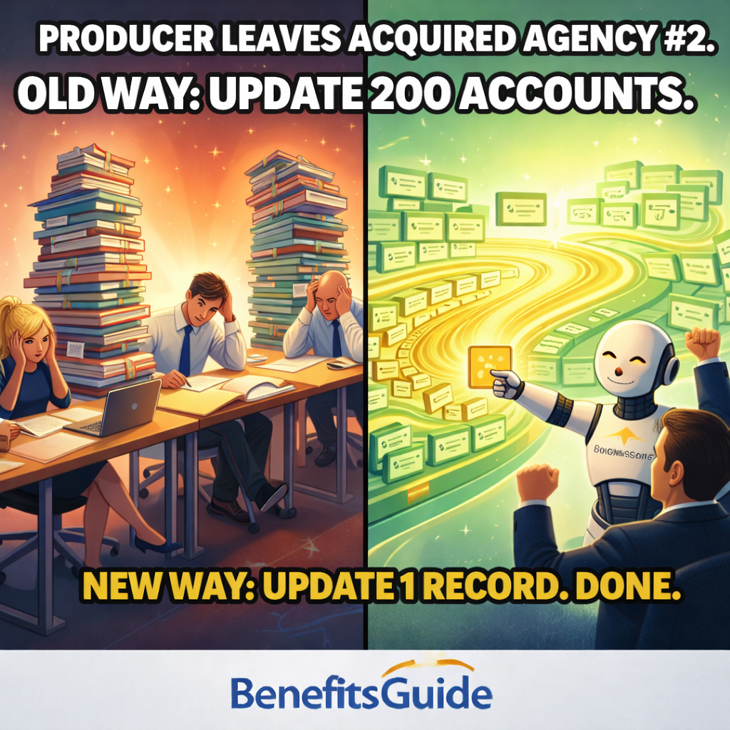 BenefitsGuide split rules engine showing producer-level commission split configuration