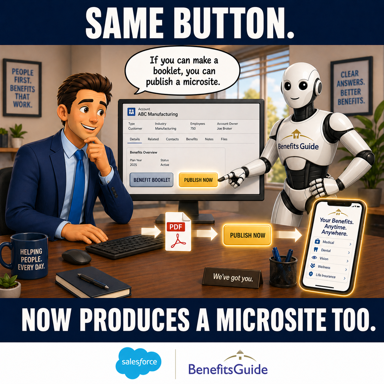 The BenefitsGuide microsite publish flow, broker clicks Publish Now after generating a benefit booklet