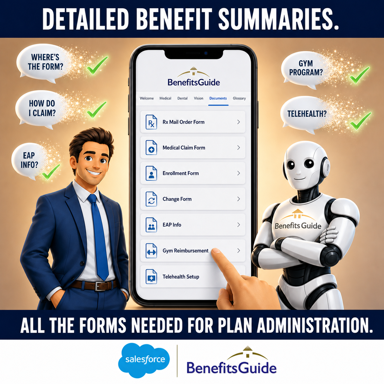 A BenefitsGuide microsite shown on a phone with welcome video, plan summaries, documents, and glossary tabs