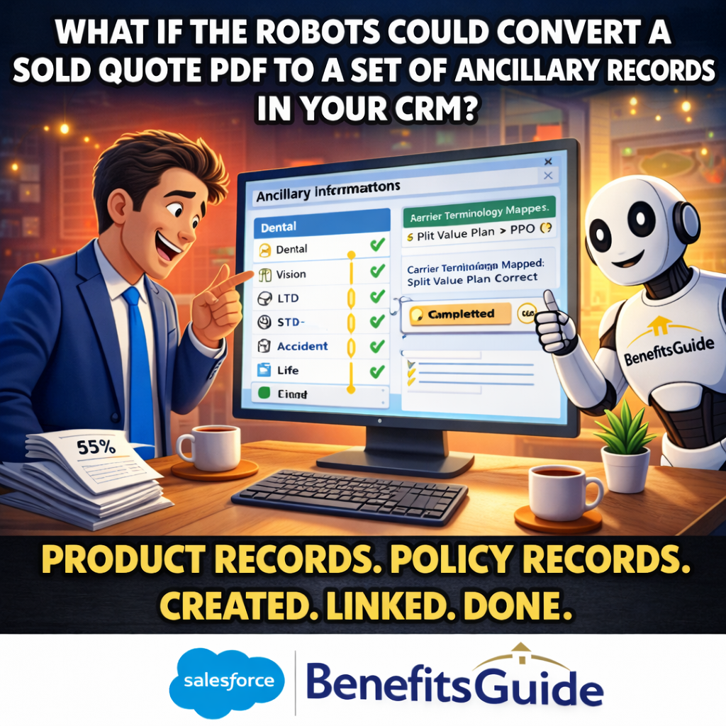 BenefitsGuide ancillary quote agent creating 14 linked Product and Policy records from one Guardian proposal